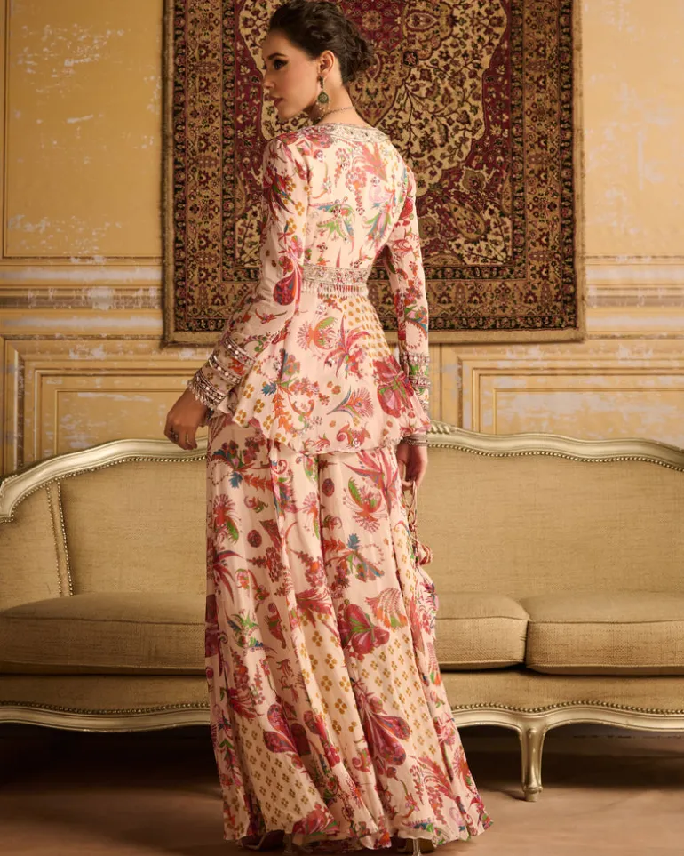 Red Print Embroidered Blouse And Kurti Set