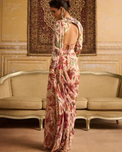 Red Print Embroidered Blouse And Sharara Sari Set