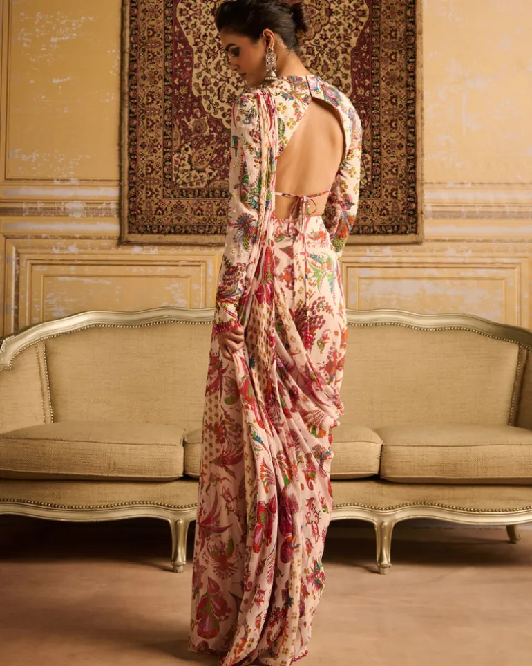 Red Print Embroidered Blouse And Sharara Sari Set