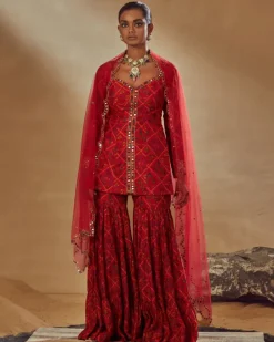 Red Printed Sharara Set