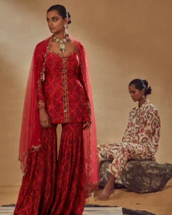 Red Printed Sharara Set