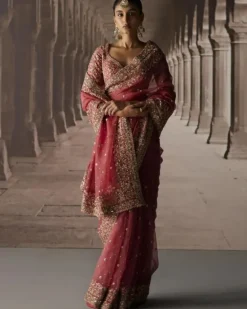 Red Sari With Jaal Blouse