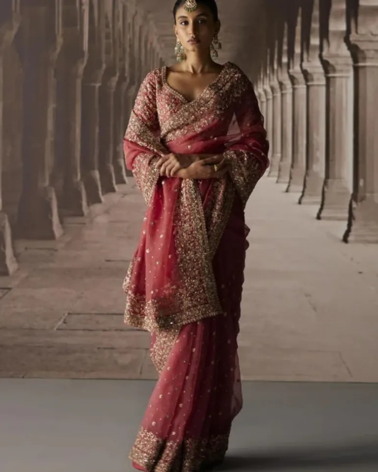 Red Sari With Jaal Blouse