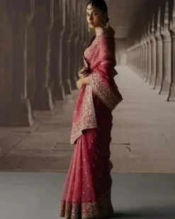 Red Sari With Jaal Blouse
