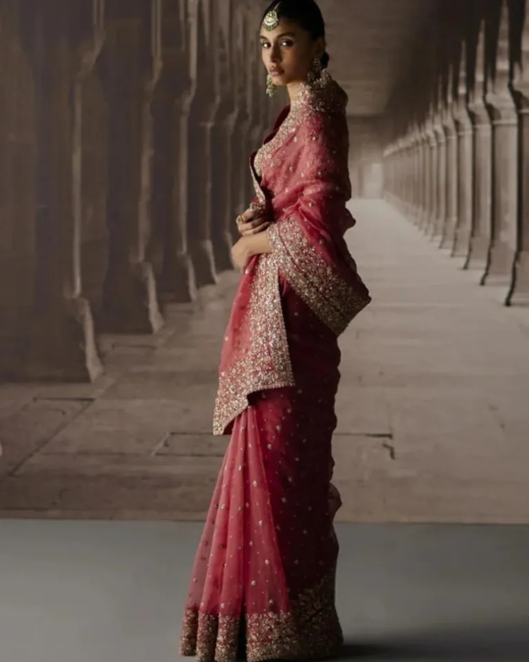 Red Sari With Jaal Blouse