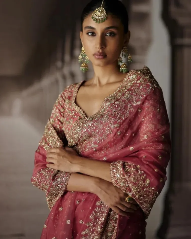 Red Sari With Jaal Blouse