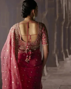 Red Sari With Jaal Blouse