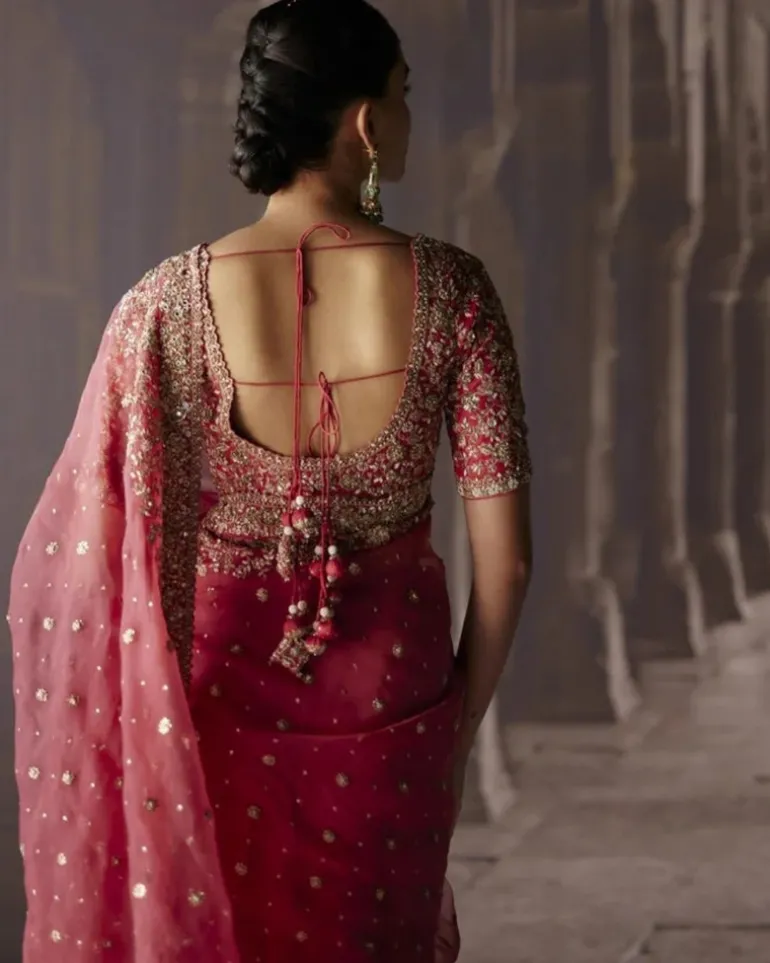 Red Sari With Jaal Blouse