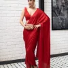 Red Satin Pre Draped Sari