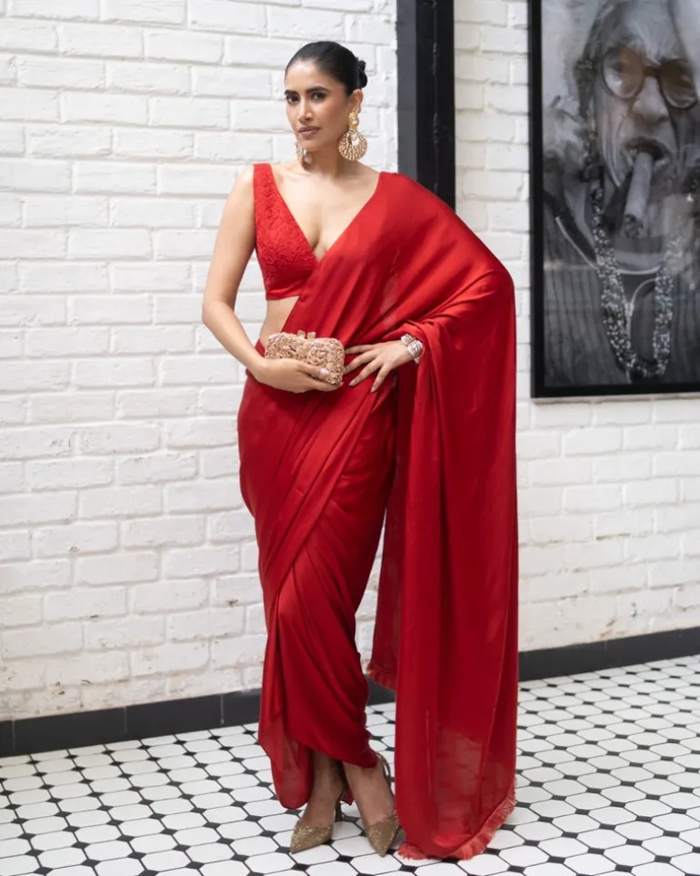 Red Satin Pre Draped Sari