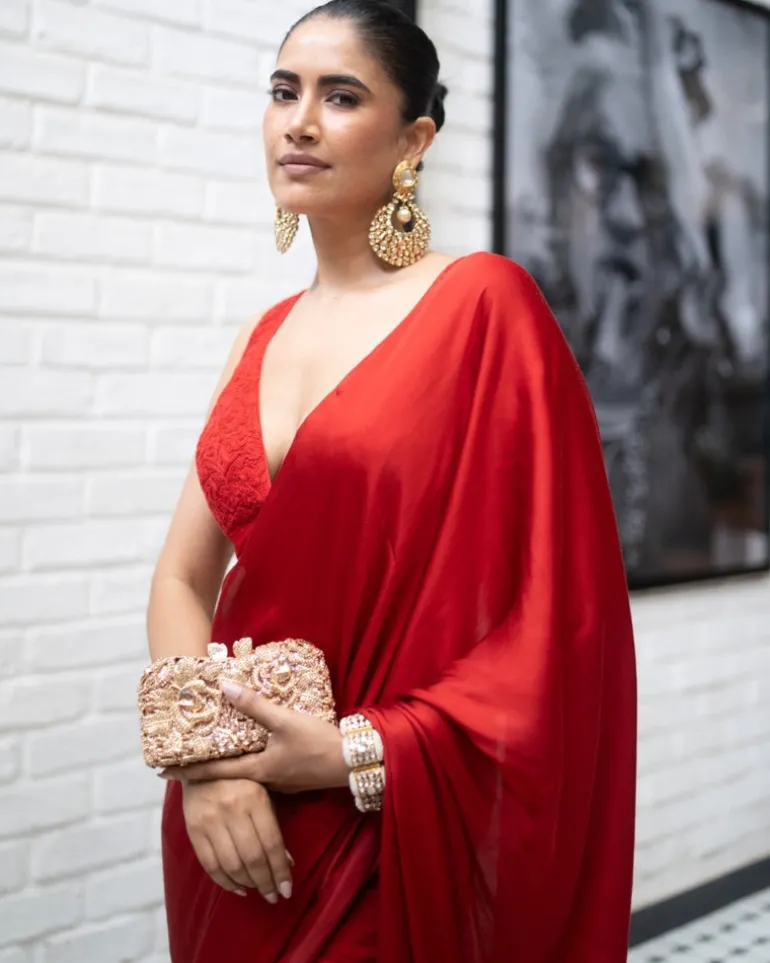 Red Satin Pre Draped Sari