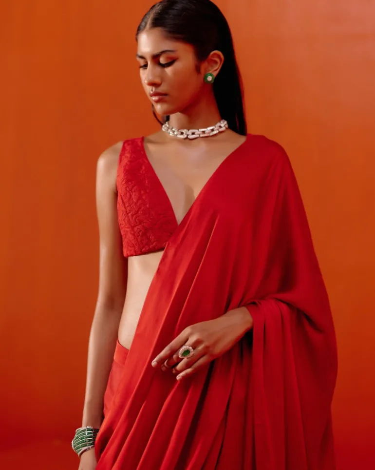 Red Satin Pre Draped Sari