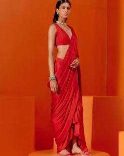 Red Satin Pre Draped Sari