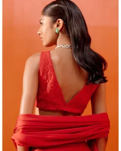 Red Satin Pre Draped Sari