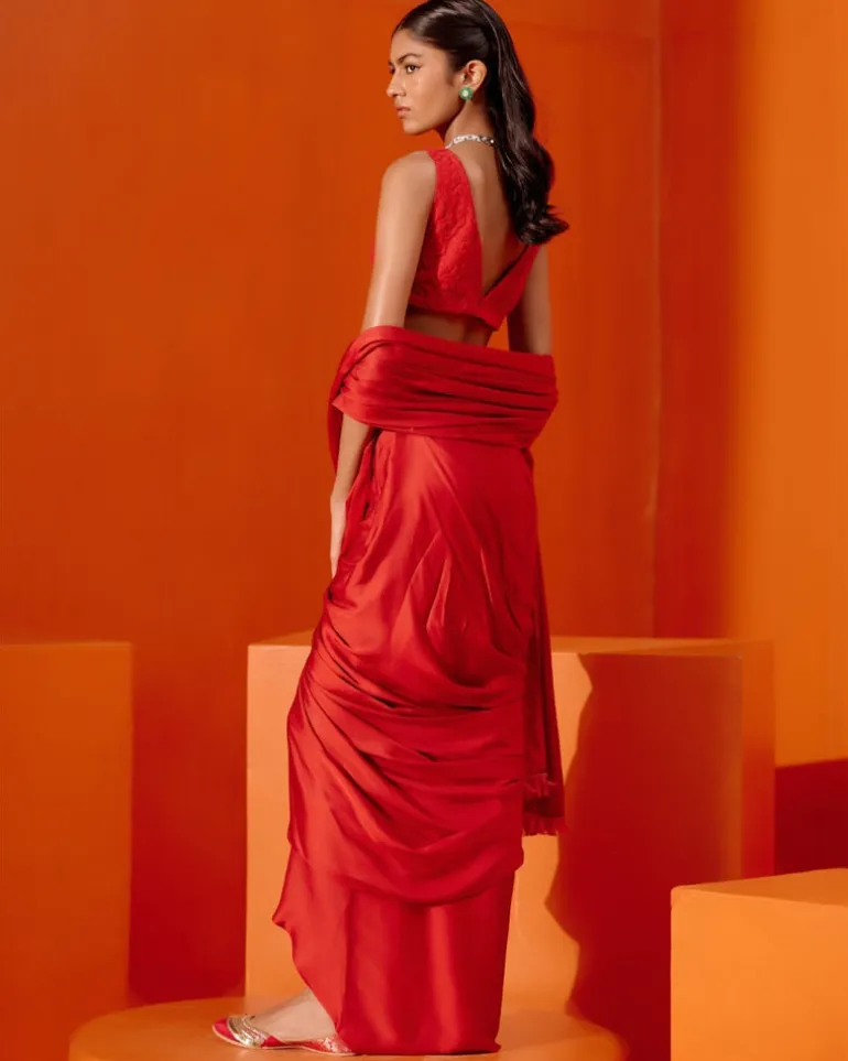 Red Satin Pre Draped Sari