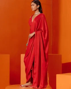 Red Satin Pre Draped Sari