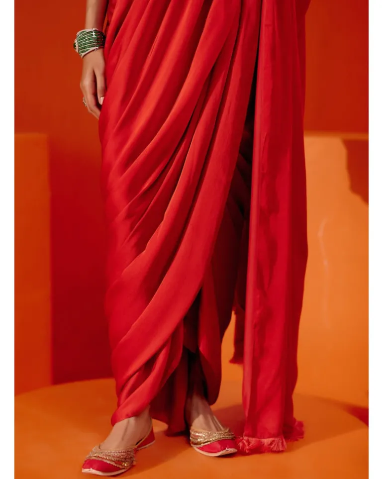 Red Satin Pre Draped Sari
