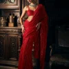 Red Sequin Tulle Sari Set