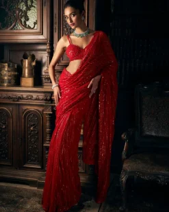 Red Sequin Tulle Sari Set