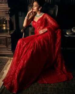 Red Sequin Tulle Sari Set