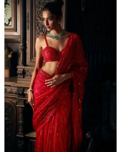 Red Sequin Tulle Sari Set