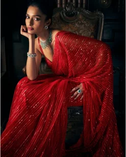 Red Sequin Tulle Sari Set