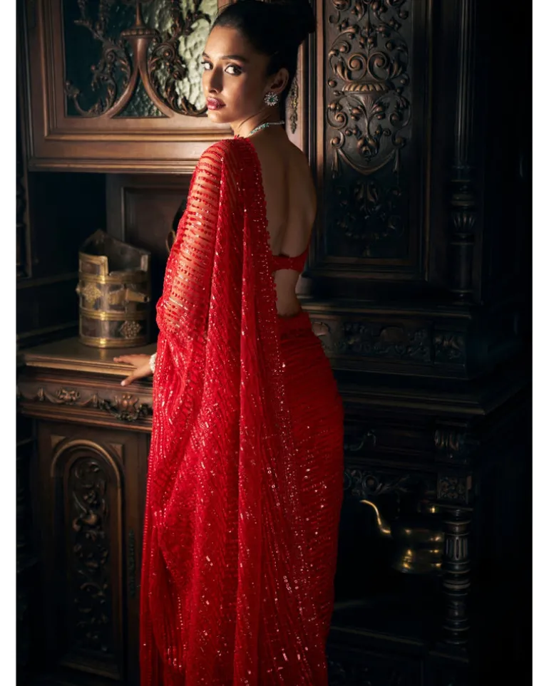 Red Sequin Tulle Sari Set