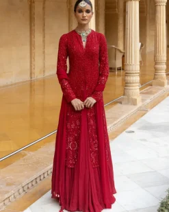 Red Sequins Embroidered Kurta Sharara Set