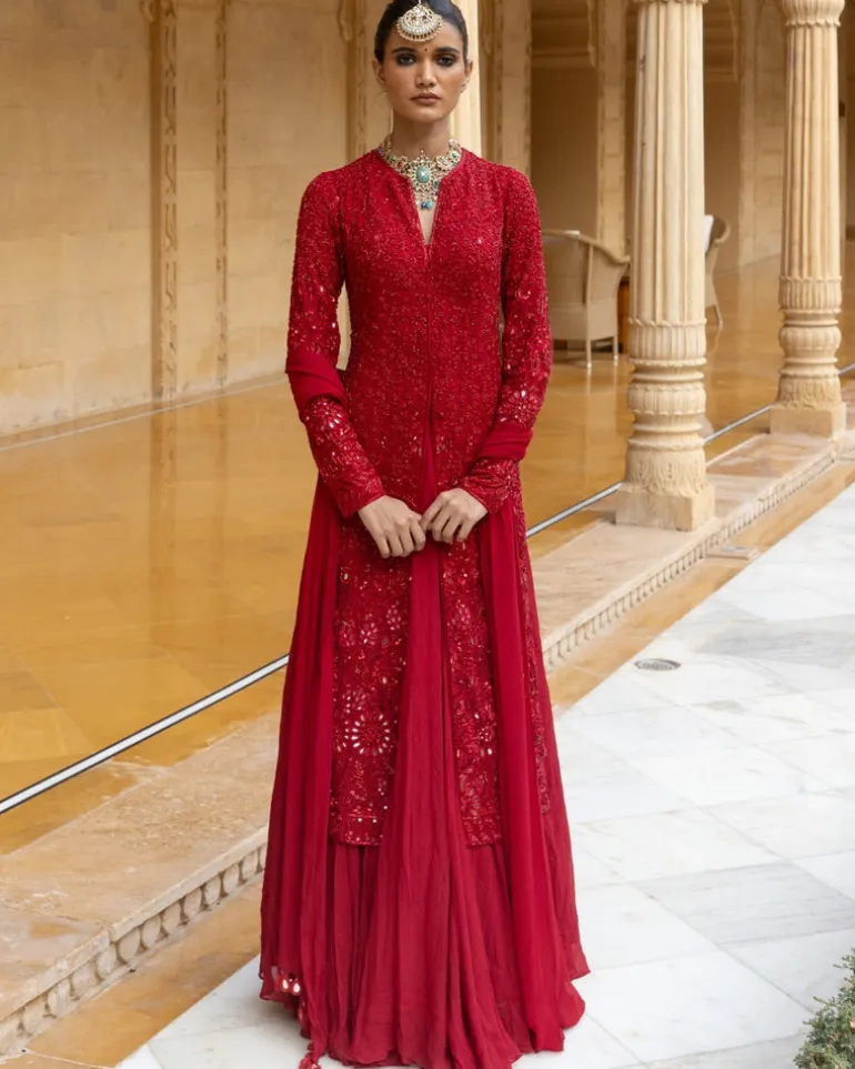 Red Sequins Embroidered Kurta Sharara Set