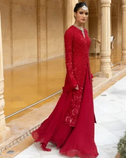 Red Sequins Embroidered Kurta Sharara Set