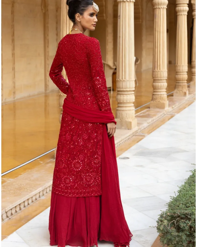 Red Sequins Embroidered Kurta Sharara Set
