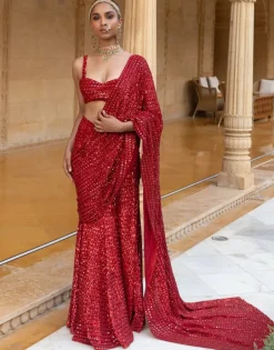 Red Sequins Embroidered Sari Set