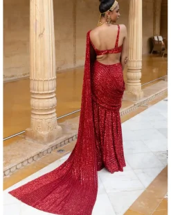 Red Sequins Embroidered Sari Set