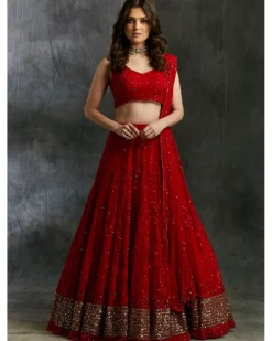 Red Sequins Lehenga With Gold Border