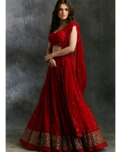 Red Sequins Lehenga With Gold Border
