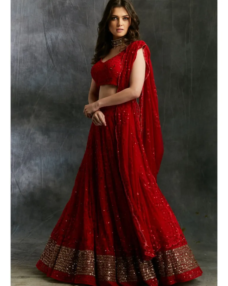 Red Sequins Lehenga With Gold Border