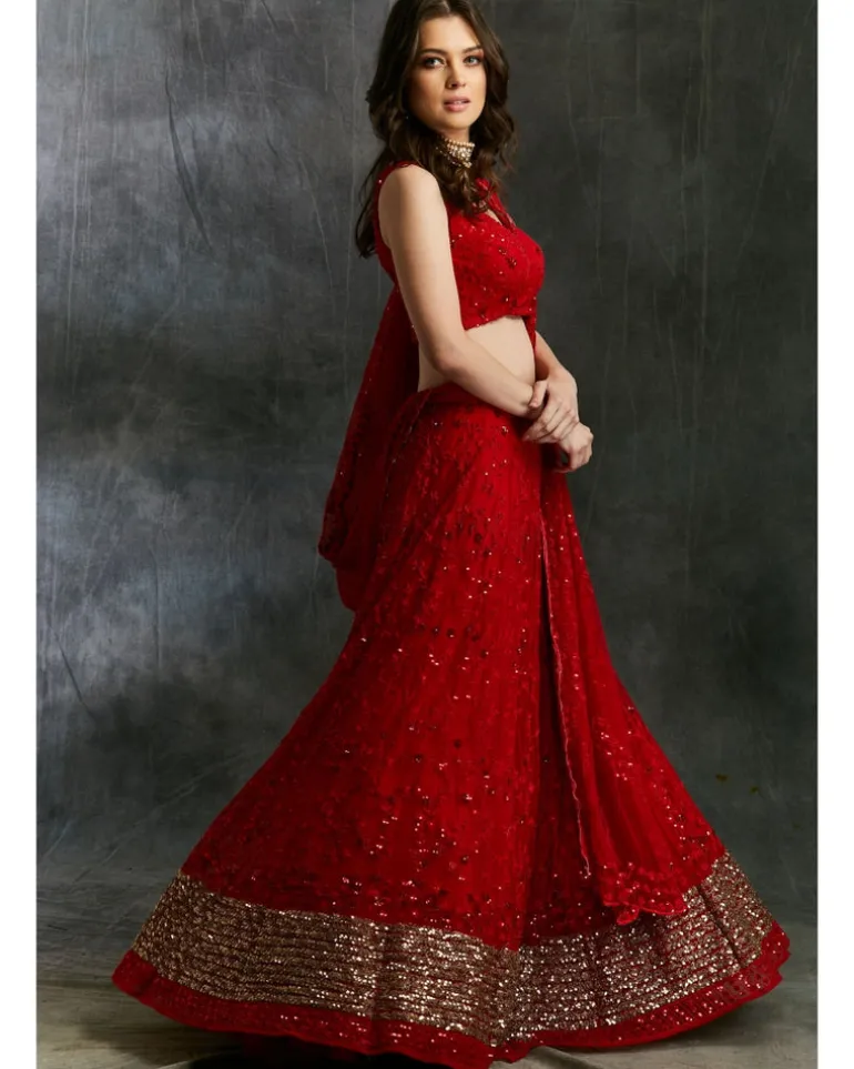 Red Sequins Lehenga With Gold Border