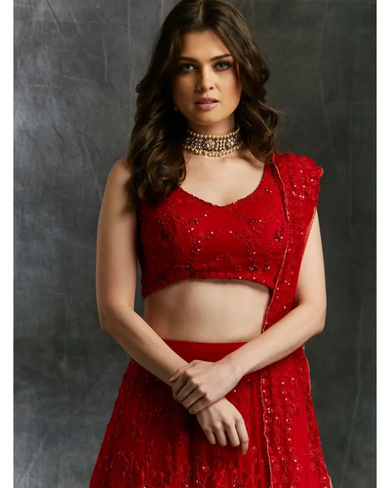 Red Sequins Lehenga With Gold Border