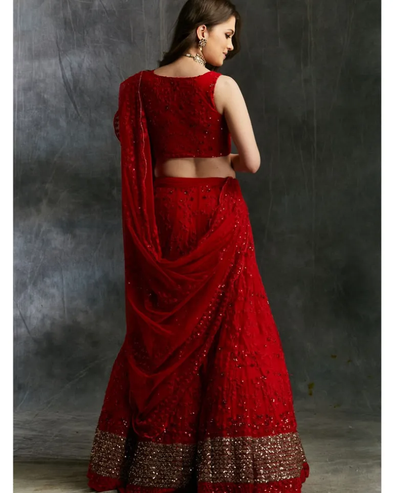 Red Sequins Lehenga With Gold Border
