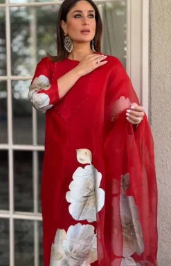 Red Silk Chanderi Hand-Painted Kurta Set