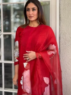Red Silk Chanderi Hand-Painted Kurta Set