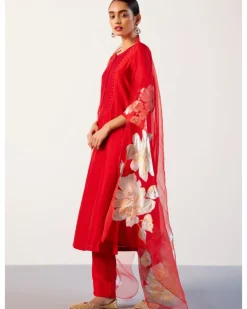 Red Silk Chanderi Hand-Painted Kurta Set