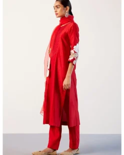 Red Silk Chanderi Hand-Painted Kurta Set
