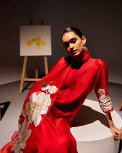 Red Silk Chanderi Hand-Painted Kurta Set