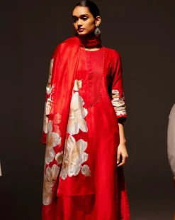 Red Silk Chanderi Hand-Painted Kurta Set
