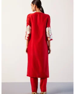 Red Silk Chanderi Hand-Painted Kurta Set