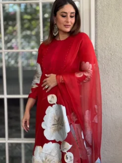 Red Silk Chanderi Hand-Painted Kurta Set