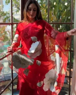 Red Silk Chanderi Hand-Painted Kurta Set