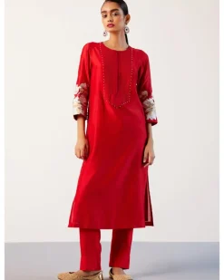 Red Silk Chanderi Hand-Painted Kurta Set