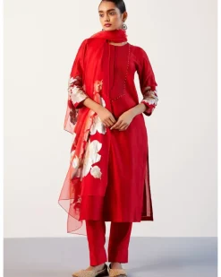 Red Silk Chanderi Hand-Painted Kurta Set